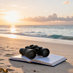 Caribbean Holidays, Bahamas Birdwatching, Bahamian beach at dawn with binoculars resting beside a field guide, soft golden light and calm sea