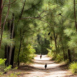 Caribbean Holidays, Bahamas Birdwatching, Bahamian pine forest in warm April sunshine with a birder following a sandy trail and small native birds in the branches
