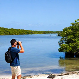 Caribbean Holidays, Bahamas Birdwatching, Birdwatcher with binoculars beside a quiet mangrove lagoon in The Bahamas, bright blue sky and native birds in the distance