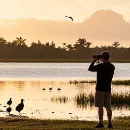 Caribbean Holidays, Bahamas Birdwatching, Birdwatcher with binoculars beside a quiet wetland in The Bahamas at sunrise, winter light and native birds in the distance