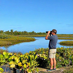 Caribbean Holidays, Bahamas Birdwatching, Birdwatcher with binoculars beside a quiet wetland in the Bahamas in February, bright blue sky and native vegetation
