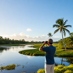 Caribbean Holidays, Bahamas Birdwatching, Birdwatcher with binoculars on a quiet Bahamian wetland at sunrise, native palms and clear blue sky