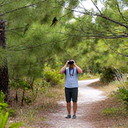 Caribbean Holidays, Bahamas Birdwatching, Birdwatcher with binoculars on a quiet trail through Caribbean pine forest in The Bahamas, with colourful native birds in the branches