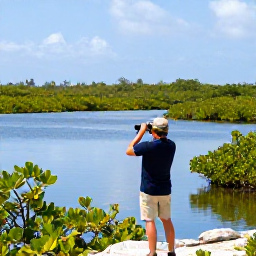 Caribbean Holidays, Bahamas Birdwatching, Birdwatcher with binoculars overlooking a quiet wetland and mangrove shoreline in the Bahamas in February
