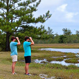 Caribbean Holidays, Bahamas Birdwatching, Birdwatchers exploring a peaceful Bahamian nature reserve with binoculars, pine trees and wetland habitat