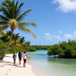 Caribbean Holidays, Bahamas Birdwatching, Birdwatchers exploring a peaceful Bahamian wetland with binoculars, surrounded by palms, mangroves and shallow turquoise water
