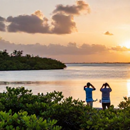 Caribbean Holidays, Bahamas Birdwatching, Birdwatchers using binoculars beside a peaceful Bahamian wetland at sunrise, with mangroves, open water and wading birds
