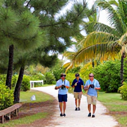 Caribbean Holidays, Bahamas Birdwatching, Birdwatchers walking through a peaceful Bahamian national park with pine trees, palms and binoculars in hand