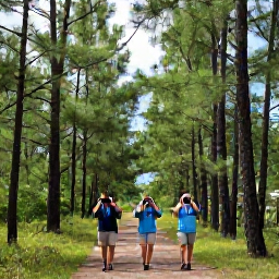 Caribbean Holidays, Bahamas Birdwatching, Birdwatchers with binoculars walking quietly through a Bahamian pine forest, with tall Caribbean pine trees and bright summer skies