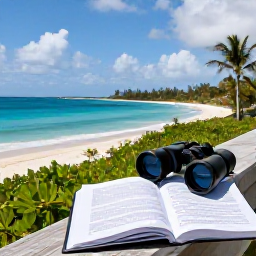 Caribbean Holidays, Bahamas Birdwatching, Birdwatching holiday scene in the Bahamas with binoculars, field guide and tropical coastal landscape