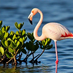 Caribbean Holidays, Bahamas Birdwatching, Close-up view of a Bahamian flamingo standing in shallow blue water beside mangroves in soft morning light