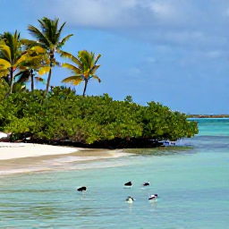 Caribbean Holidays, Bahamas Birdwatching, Colourful Bahamian shoreline with low mangroves, palm trees and wading birds feeding beside calm turquoise water