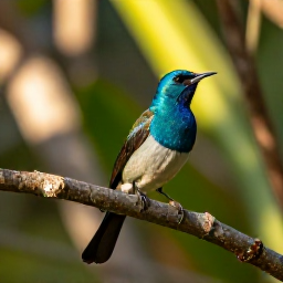 Caribbean Holidays, Bahamas Birdwatching, Colourful Bahamian woodland with a western indigo bunting perched on a branch, warm August morning light