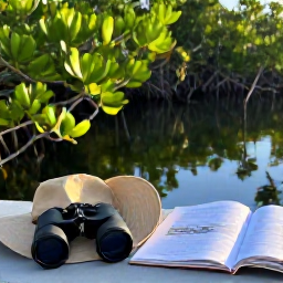 Caribbean Holidays, Bahamas Birdwatching, Comfortable outdoor birdwatching beside a Bahamian mangrove lagoon, with binoculars, sun hat and field guide in warm morning light