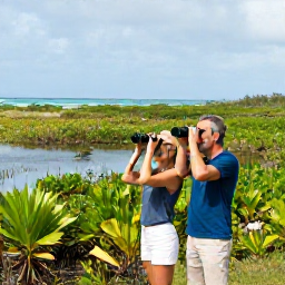 Caribbean Holidays, Bahamas Birdwatching, Friendly couple using binoculars beside a peaceful Bahamian wetland, with tropical vegetation and a bright coastal landscape behind them