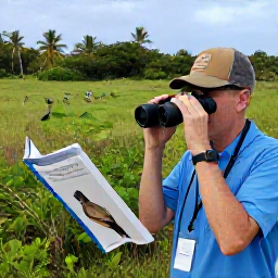Caribbean Holidays, Bahamas Birdwatching, Friendly guided birdwatching excursion in The Bahamas with binoculars, field guide and tropical landscape in the background