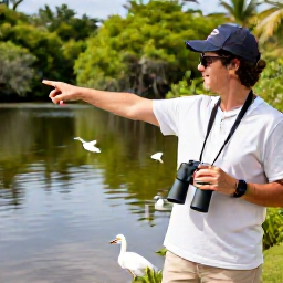 Caribbean Holidays, Bahamas Birdwatching, Friendly local birdwatching guide pointing towards birds beside a Bahamian lagoon, with binoculars and tropical vegetation