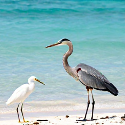 Caribbean Holidays, Bahamas Birdwatching, Great blue heron and white egret feeding beside shallow turquoise water in the Bahamas