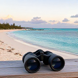 Caribbean Holidays, Bahamas Birdwatching, Quiet Bahamian beach beside turquoise water at sunset, with binoculars resting on a wooden viewpoint