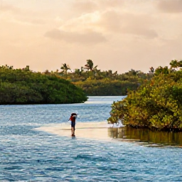 Caribbean Holidays, Bahamas Birdwatching, Quiet Bahamian wetland at sunrise with shallow blue water, mangroves and a birdwatcher using binoculars