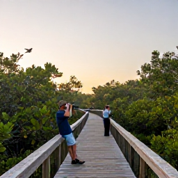Caribbean Holidays, Bahamas Birdwatching, Quiet mangrove wetland in the Bahamas at sunrise, with birdwatchers using binoculars along a boardwalk