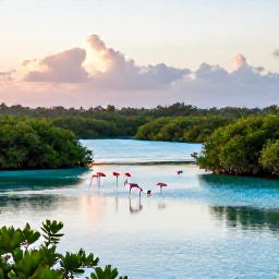 Caribbean Holidays, Bahamas Birdwatching, Quiet wetland reserve in The Bahamas at sunrise, with flamingos, herons and egrets feeding among shallow turquoise pools and mangroves
