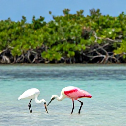 Caribbean Holidays, Bahamas Birdwatching, Roseate spoonbill and herons feeding in a shallow turquoise lagoon in The Bahamas, mangroves in the background