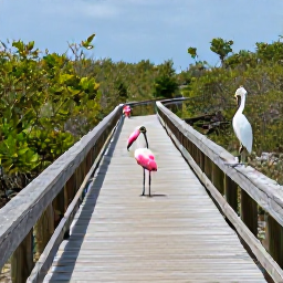 Caribbean Holidays, Bahamas Birdwatching, Roseate spoonbill and white heron in a Bahamian wildlife habitat, viewed from a quiet boardwalk