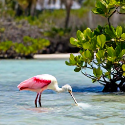 Caribbean Holidays, Bahamas Birdwatching, Roseate spoonbill, herons and egrets feeding in shallow turquoise wetlands surrounded by mangroves in the Bahamas
