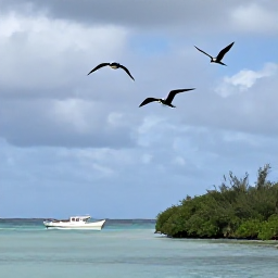 Caribbean Holidays, Bahamas Birdwatching, Small boat passing mangroves and calm coastal water in The Bahamas, with frigatebirds and terns flying overhead