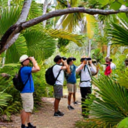 Caribbean Holidays, Bahamas Birdwatching, Small guided birdwatching group beside a Bahamian nature trail, binoculars, palms and native forest
