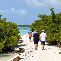 Caribbean Holidays, Bahamas Birdwatching, Small guided birdwatching group walking along a peaceful Bahamian nature trail beside mangroves and coastal water