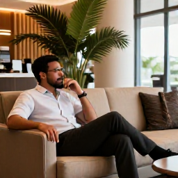 Caribbean Holidays, Bahamas Business Class, A business class traveller relaxing in an elegant airport lounge before flying to Nassau, with comfortable seating and warm tropical travel details
