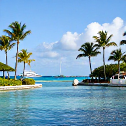 Caribbean Holidays, Bahamas Business Class, Beautiful Nassau waterfront with palm trees, clear blue sea and bright Caribbean sunshine