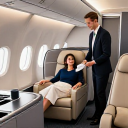 Caribbean Holidays, Bahamas Business Class, Business class cabin on a modern aircraft, comfortable lie-flat seats, elegant service, and a relaxed traveller preparing for a January holiday to The Bahamas