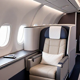 Caribbean Holidays, Bahamas Business Class, Business class cabin on a modern aircraft, comfortable lie-flat seats, elegant service, soft lighting, travel to The Bahamas