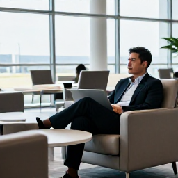Caribbean Holidays, Bahamas Business Class, Business-class passenger relaxing in a bright airport lounge before a flight to The Bahamas