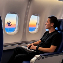 Caribbean Holidays, Bahamas Business Class, Business class passenger relaxing in a spacious airline seat with a tropical Bahamas sunset visible through the window