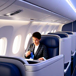 Caribbean Holidays, Bahamas Business Class, Business class seats on a modern aircraft, comfortable cabin lighting, and a relaxed traveller preparing for a holiday in The Bahamas