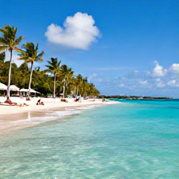 Caribbean Holidays, Bahamas Business Class, Clear turquoise water, white sand and palm trees at a beautiful Bahamian beach in December, with a few relaxed visitors enjoying the sunshine