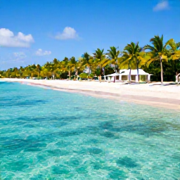 Caribbean Holidays, Bahamas Business Class, Clear turquoise water, white sand beach and palm trees on a sunny Bahamian island near a luxury resort