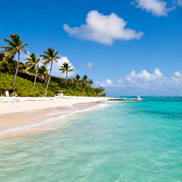 Caribbean Holidays, Bahamas Business Class, Clear turquoise water, white sand beach, palm trees and a luxury resort in The Bahamas on a bright March morning