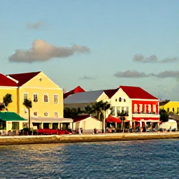 Caribbean Holidays, Bahamas Business Class, Colourful Nassau waterfront with colonial buildings, shops and visitors exploring in warm Caribbean sunshine