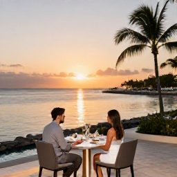 Caribbean Holidays, Bahamas Business Class, Couple enjoying a sunset dinner beside the sea at a stylish Bahamian resort, with calm water and palm trees