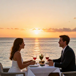 Caribbean Holidays, Bahamas Business Class, Couple enjoying a sunset dinner beside the sea in The Bahamas
