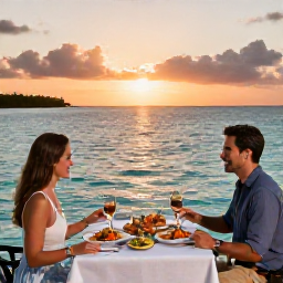Caribbean Holidays, Bahamas Business Class, Couple enjoying fresh seafood dinner beside the sea at sunset in The Bahamas