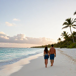 Caribbean Holidays, Bahamas Business Class, Couple walking along a quiet white sand beach in The Bahamas at sunset, with calm turquoise water and palm trees