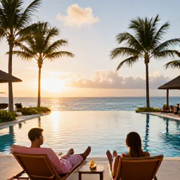 Caribbean Holidays, Bahamas Business Class, Elegant Bahamas resort at sunset with an infinity pool, palm trees, ocean views, and a couple relaxing after a business class arrival