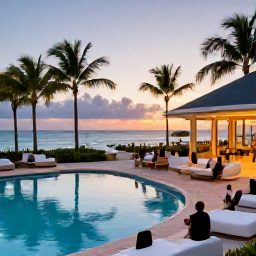 Caribbean Holidays, Bahamas Business Class, Elegant Bahamian resort with palm-lined pool, comfortable outdoor seating and guests enjoying an August sunset over the Caribbean Sea
