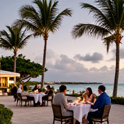Caribbean Holidays, Bahamas Business Class, Elegant beachfront resort in The Bahamas at dusk, with palm trees, calm sea and guests dining outdoors